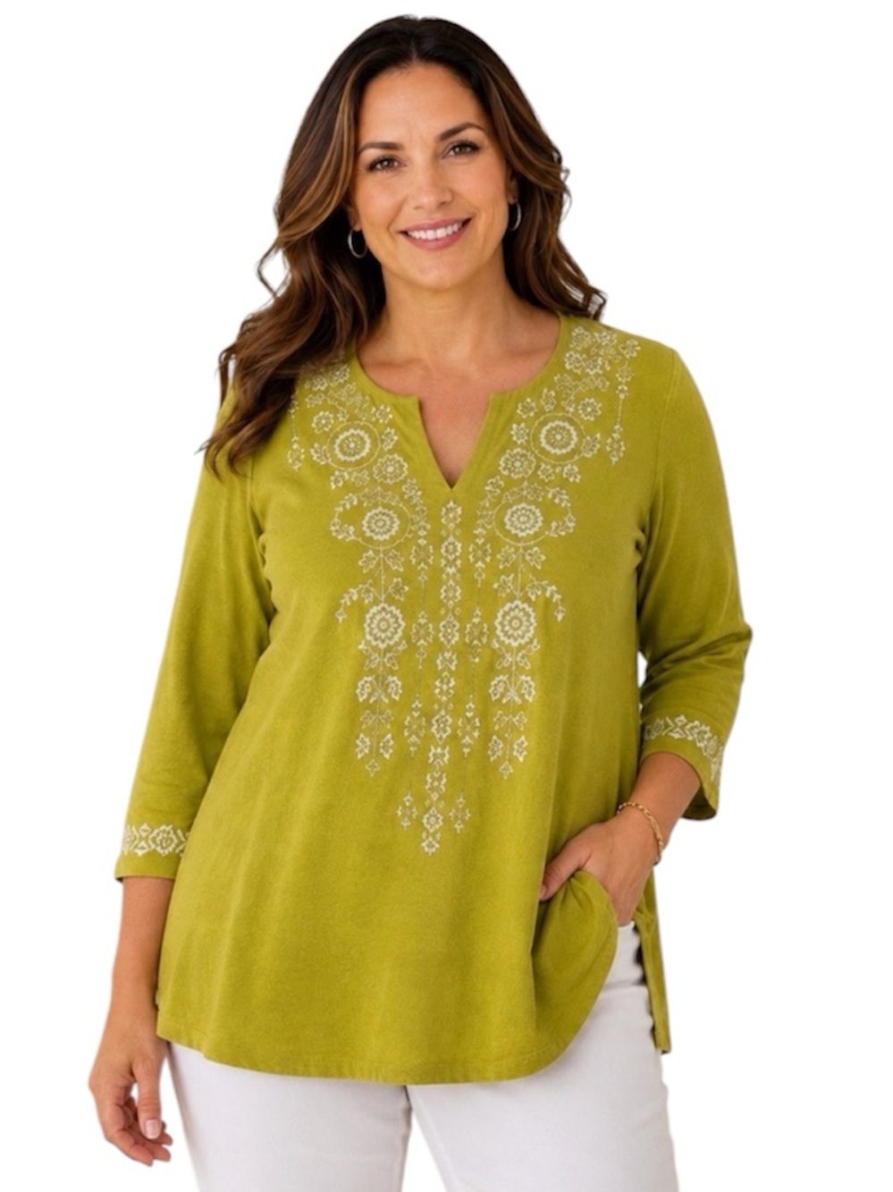 J Jill Embroidered Split Neck Tunic Top Size Large Boho Floral Sour Apple Cotton